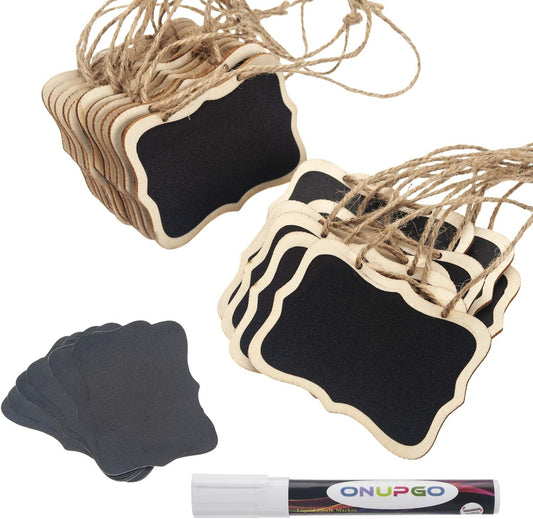 ONUPGO 20 Pack Mini Chalkboard Tags with Liquid Chalk Marker, Erasable Wooden Chalkboard Signs with Hanging String, Price Tags, Message Tags for Wedding Decor, Party Buffet Display, Place Cards