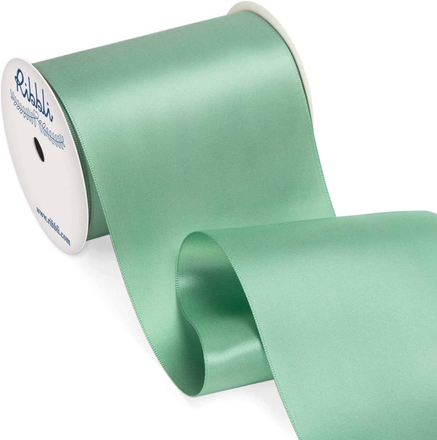 Ribbli Sage Green Satin Ribbon 4 Inch Wide Sage Ribbon for Wedding Chair Sash Grand Opening Ceremony Big Bows Gift Wrapping Floral Crafts Cake Decor-Double Faced Satin Continuous 10 Yards