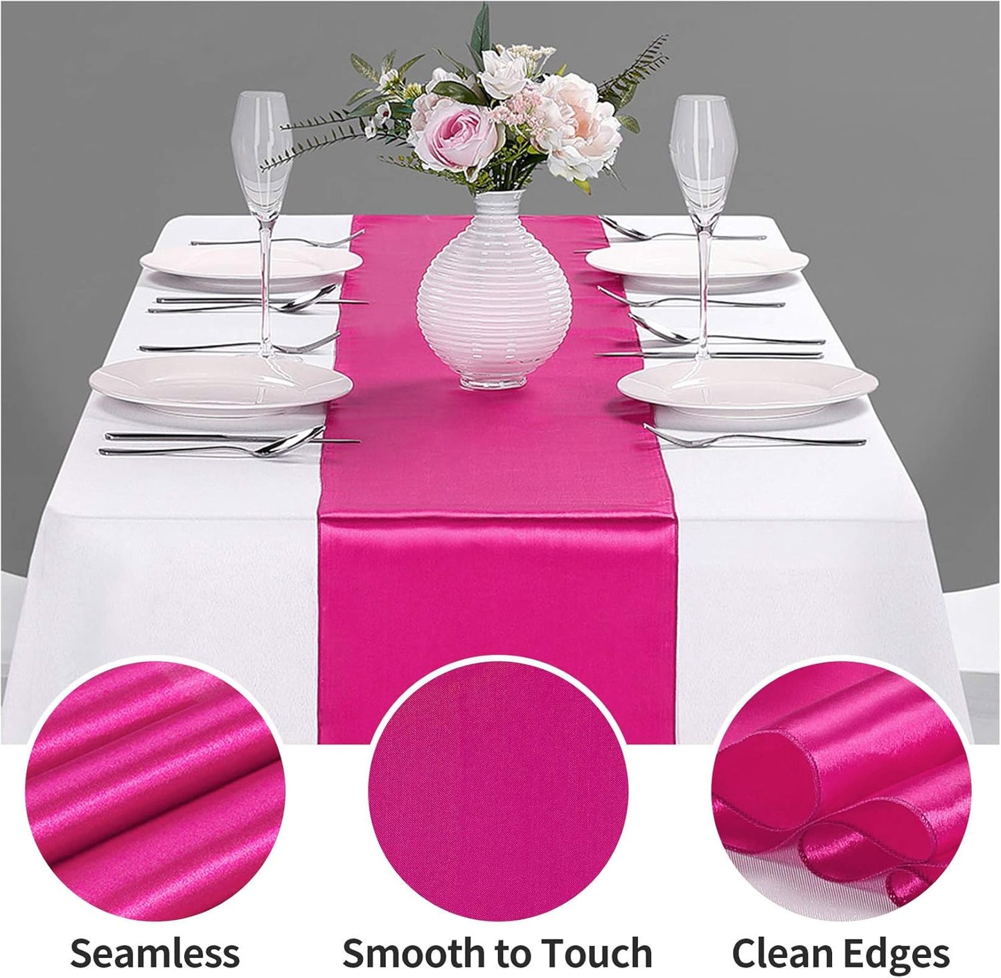 5-Pack Satin Table Runner Fuchsia 12 x 108 inches Long, Table Runners for Wedding, Birthday Parties, Banquets Decorations（5 Pack, 12x108 Inch, Fuchsia）