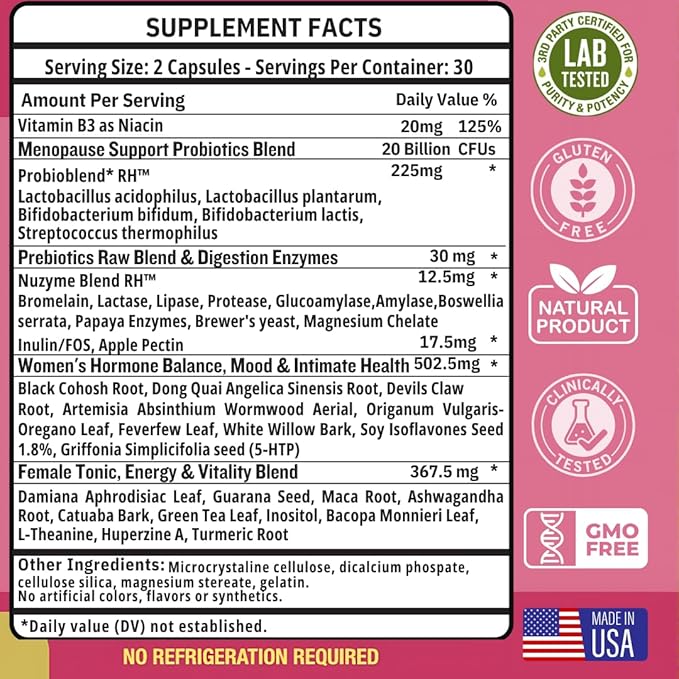 Lovely Menopause Supplement + Hormone Balance + Weight Management, Hot Flashes, Mood Swings, Vaginal Health & Dryness | Black Cohosh, Dong Quai, Ashwagandha + Probiotics, Woman Supplement, 60 ct