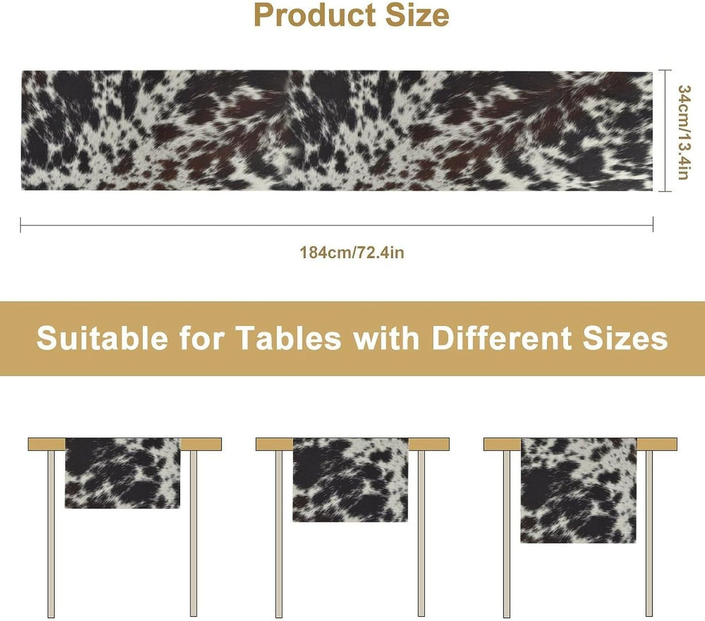 Cow Print Table Runner, Country Farm Animal Fur Skin Pattern Western Style Black Brown Cowhide Print Dinner Runner for Home Kitchen Dining Home Setting, 13x108 Inch