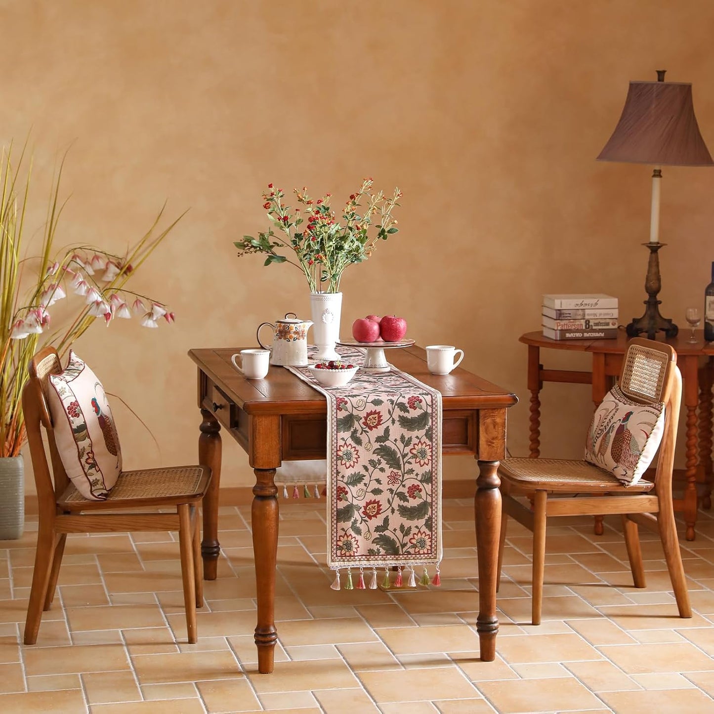 ISAENNE Designer Provence Elegant Linen Table Runner 102 Inches Long,Flower and Leaves Pattern Durable Table Runners for Dining Tables,Thanksgiving,Kitchen Tables,Christmas,12"*102"-Ratina