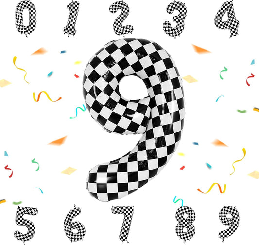 40 Inch Checkered Number Balloon - Race Flag Pattern Big Helium Balloon for Birthday Party Decorations - Black & White Balloon for Kids Adults Party Supplies (Racing Car, Number 9)