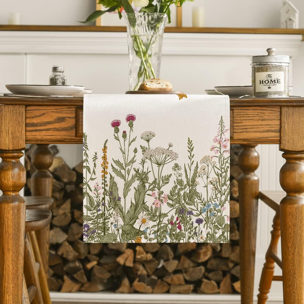 Artoid Mode Antique Herbs and Wild Flowers Summer Table Runner, Spring Fall Kitchen Dining Table Decoration for Home Party 13x36 Inch