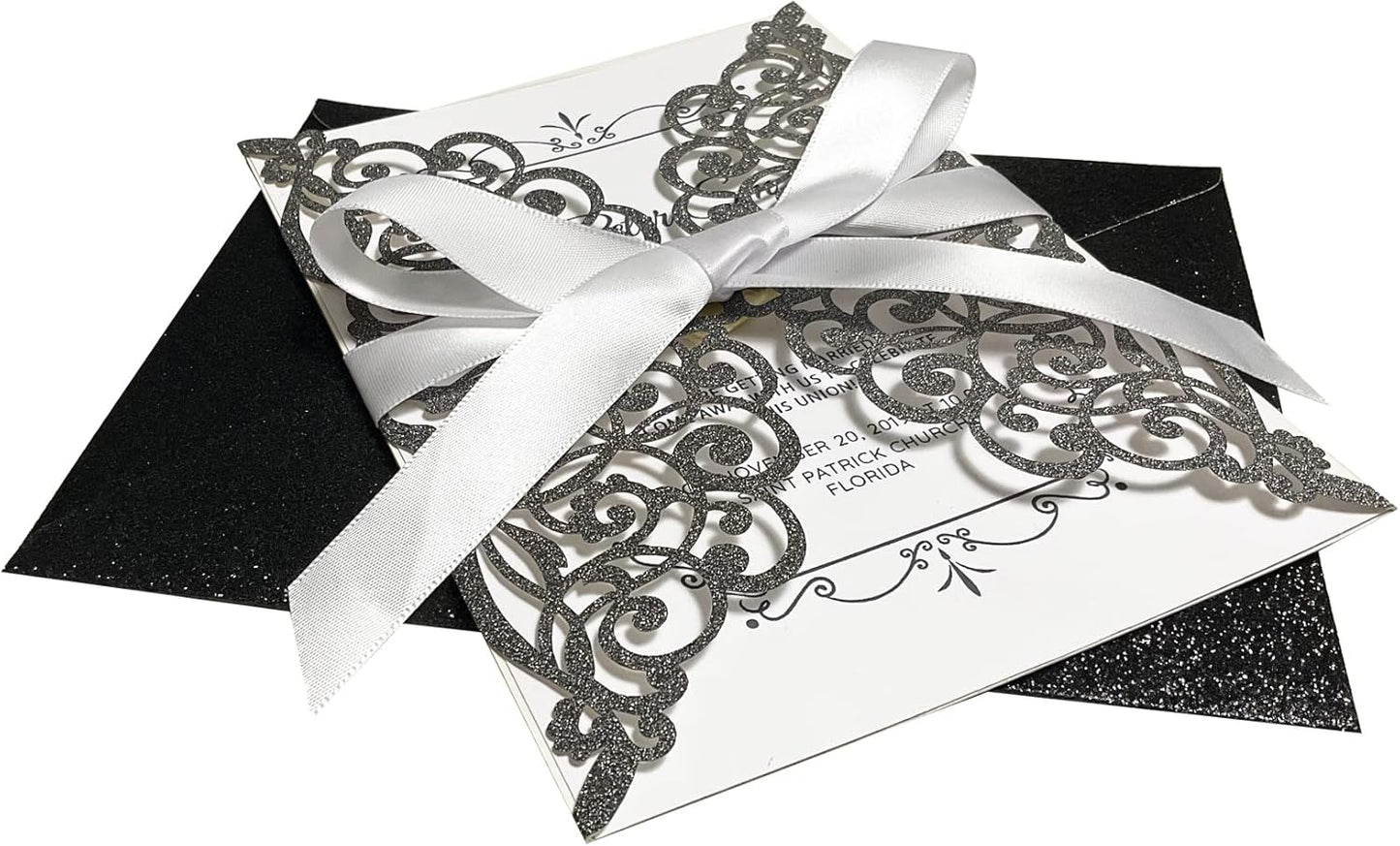 50Pcs Laser Cut Black Wedding Invitation With Glitter Envelopes And Ribbons Blank Personalized Card Invitaciones Para quinceañera Birthday Baby Shower Christmas Party Bridal Shower