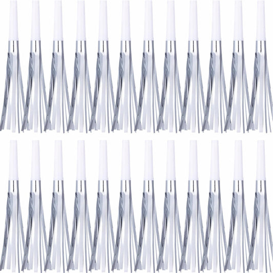 24 Pcs Silver Noise Makers Glitter Metallic Fringed Noise Makers Horns for Baby Shower, Kids Birthday, New Year Party Favor