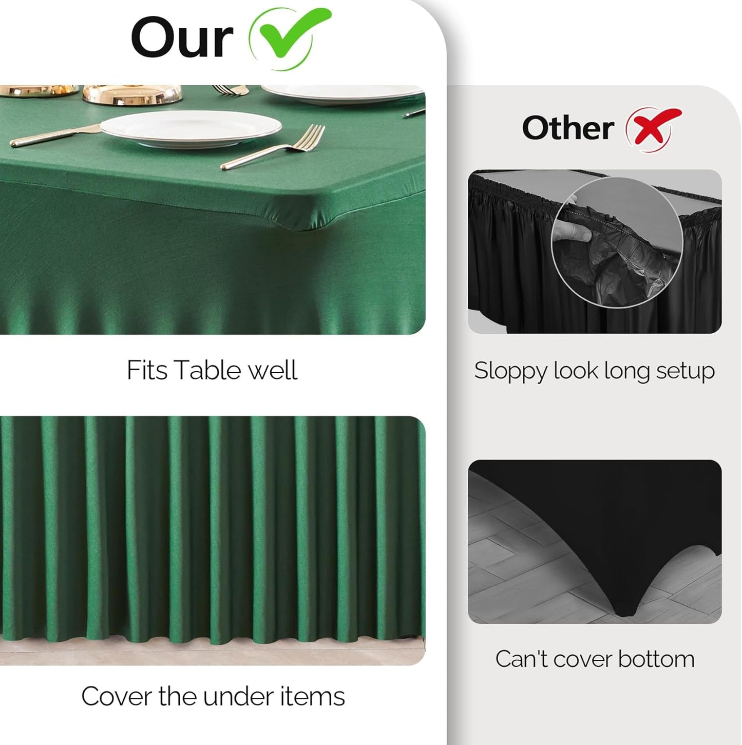 Wish Care 2 Pack Hunter Green Stretch Spandex Table Clothes for 8 Foot Rectangle Tables, 8FT Wrinkle Free Fitted Tablecloths Ruffles Design Table Cover for Party, Banquet, Wedding and Events