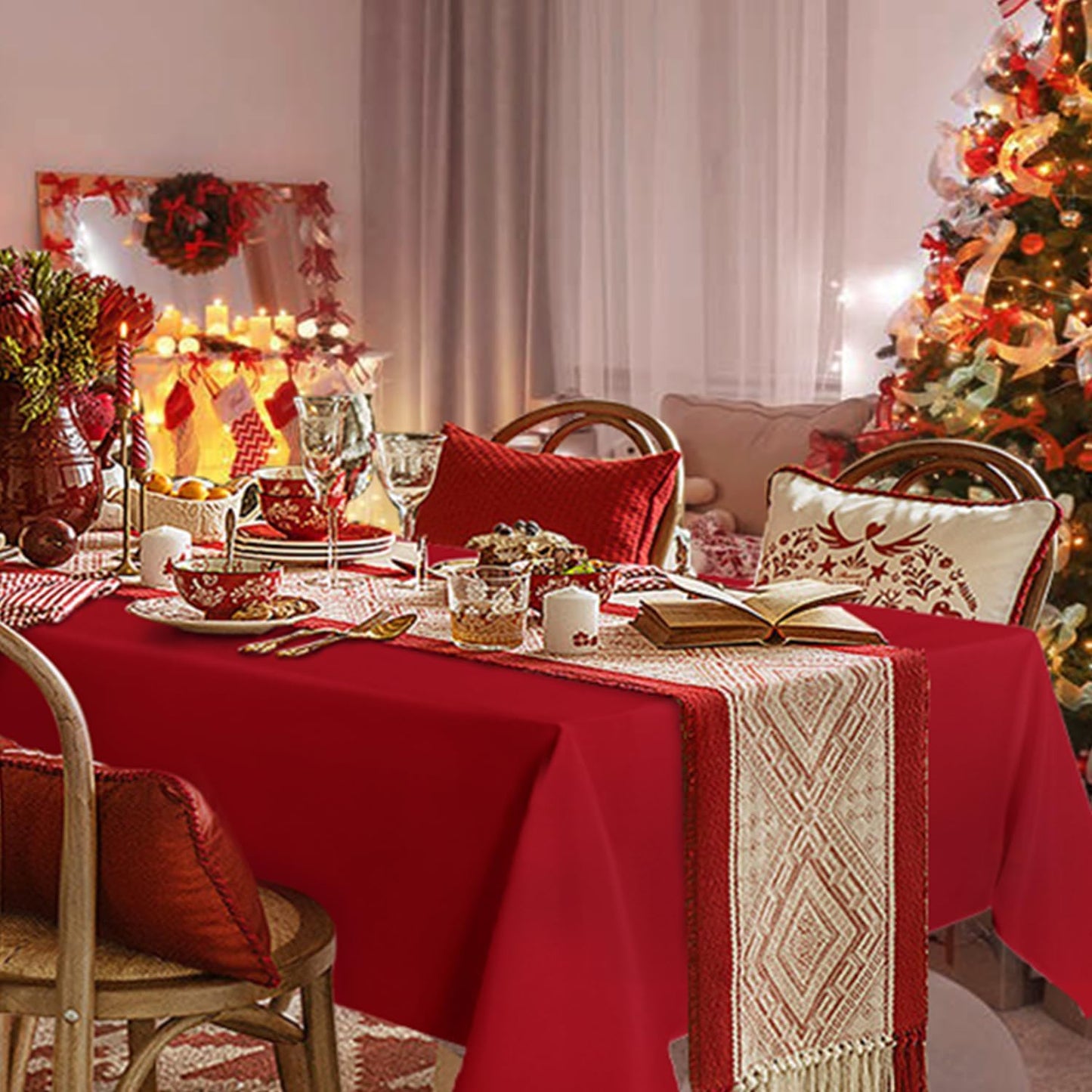 sancua 2 Pack Red Tablecloth 60 x 102 Inch, Rectangle 6 Feet Table Cloth - Stain and Wrinkle Resistant Washable Polyester Table Cover for Dining Tables, Buffet Parties and Camping