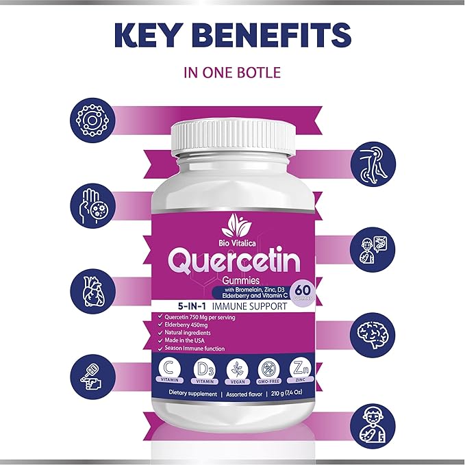 Quercetin Gummies by BioVitalica - Quercetin with Bromelain Vitamin C and Zinc & Elderberry + Vitamin D3-5 in 1 Immune Support - Zinc Quercetin 750 mg for Kids and Adult (6, Quercetin)