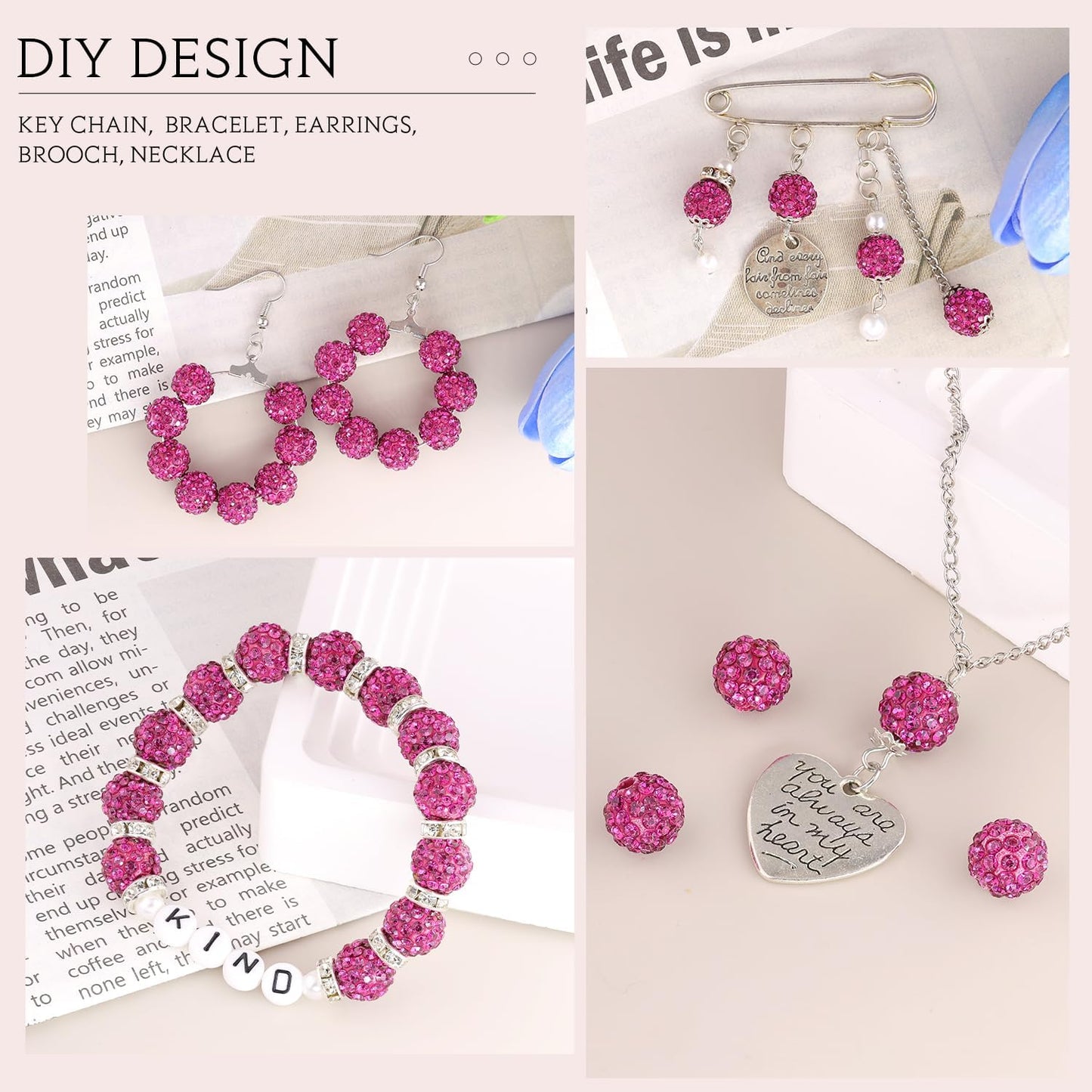 150 pcs 10mm Rhinestone Beads for Jewelry Making, Fuchsia Shiny Round Shamballa Disco Beads Bulk, Sparkle Crystal Clay Christmas for Bracelet Baseball Necklace Earring Crafting and DIY