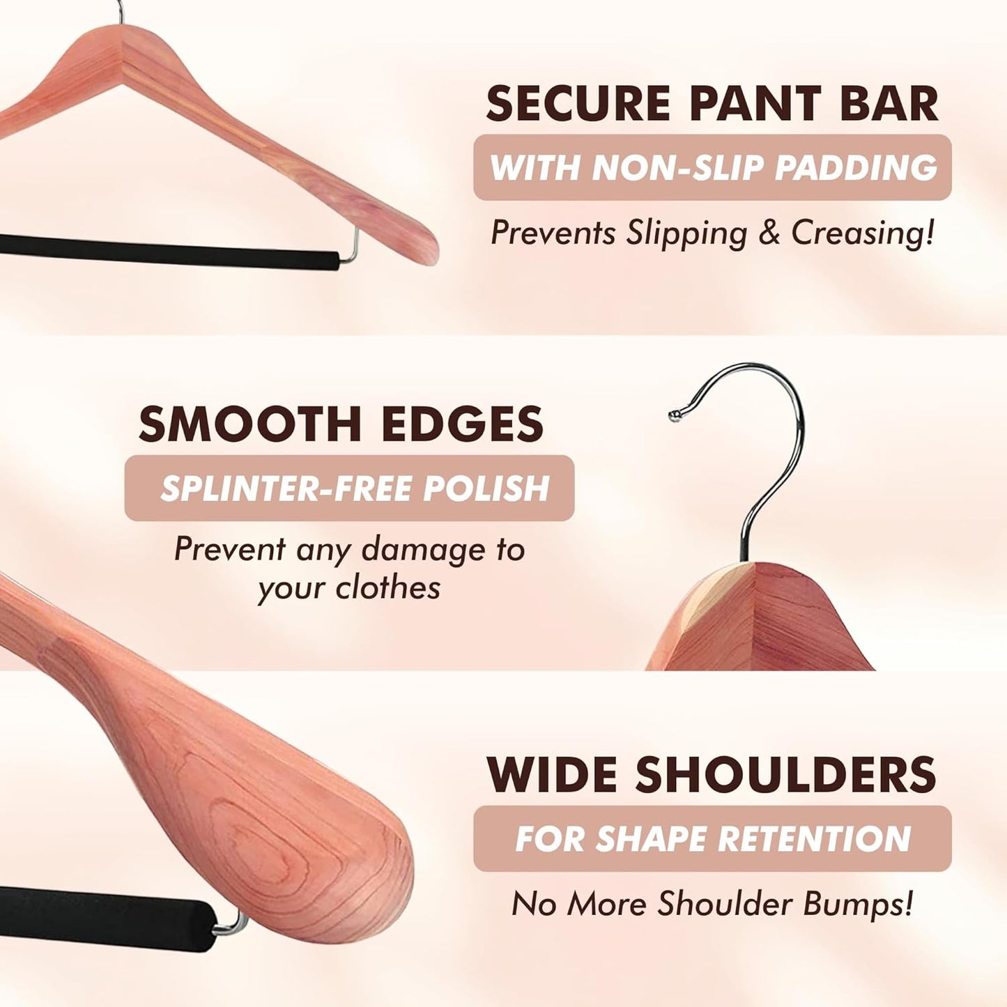 DEILSY™ Cedar Hangers for Closet - 5 Pack Extra Wide Wooden Hangers for Suits, Coat, Dress, Jacket, Clothes Storage - Non Slip Foam Padded Pant Bar with 360° Swivel Hook, Aromatic American Cedar Wood