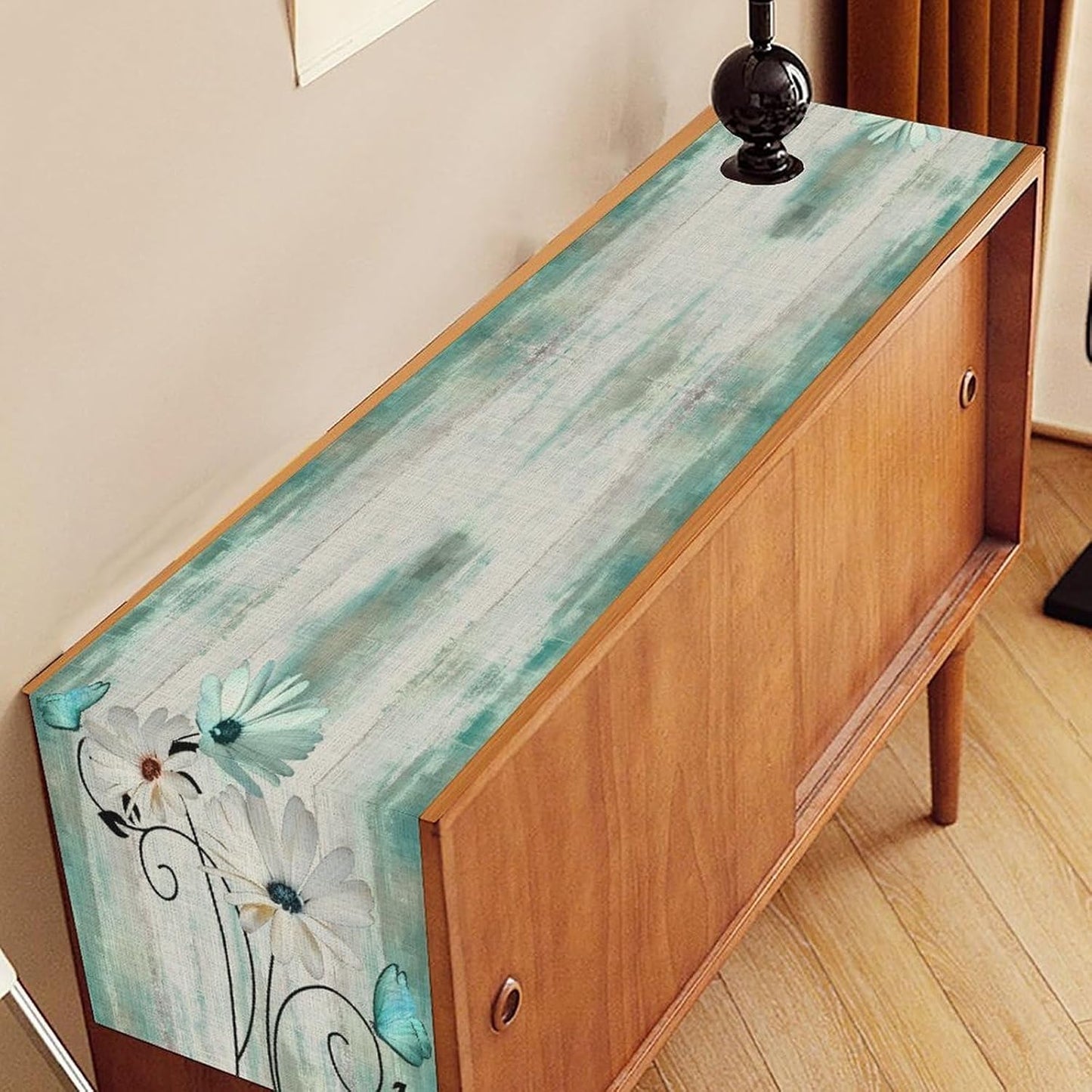 Daisy Floral Table Runner, Farmhouse Abstract Spring Seasonal Summer Blue White Flower Rustic Table Center Decor for Home Kitchen Dining Patio Holiday Party Indoor Table Decorations, 13"x108" Inch