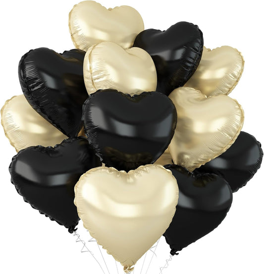 Black Gold Heart Balloons,12Pcs 18Inch Black Champagne Gold Heart Shaped Foil Helium Balloons for Baby Shower Birthday Anniversary Wedding Engagement Party Decorations
