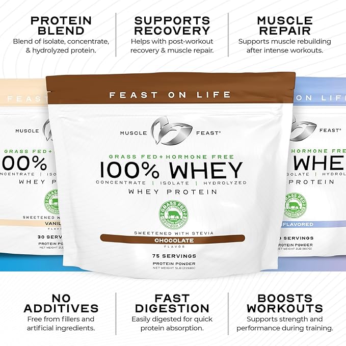 Muscle Feast 100% Grass Fed Whey Protein Powder, All Natural, Hormone Free Paure Raised Whey Protein Powder for Women & Men - Whey Concentrate, Isolate & Hydrolyzed Protein Powder Blend - Vanilla, 5lb