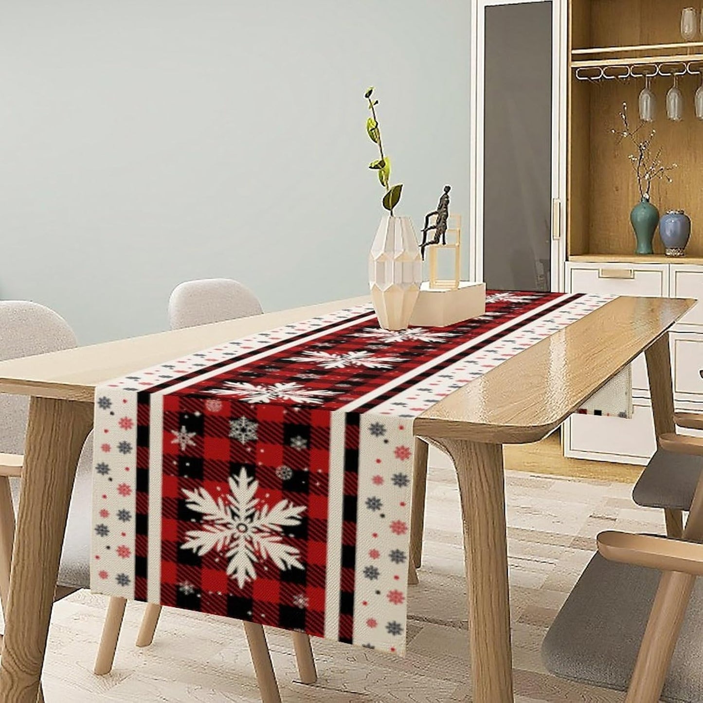 Snowflakes Christmas Table Runner,Red Buffalo Plaid Seasonal Winter Kitchen Dining Table Decoration for Home Party Decor 13x120 Inch