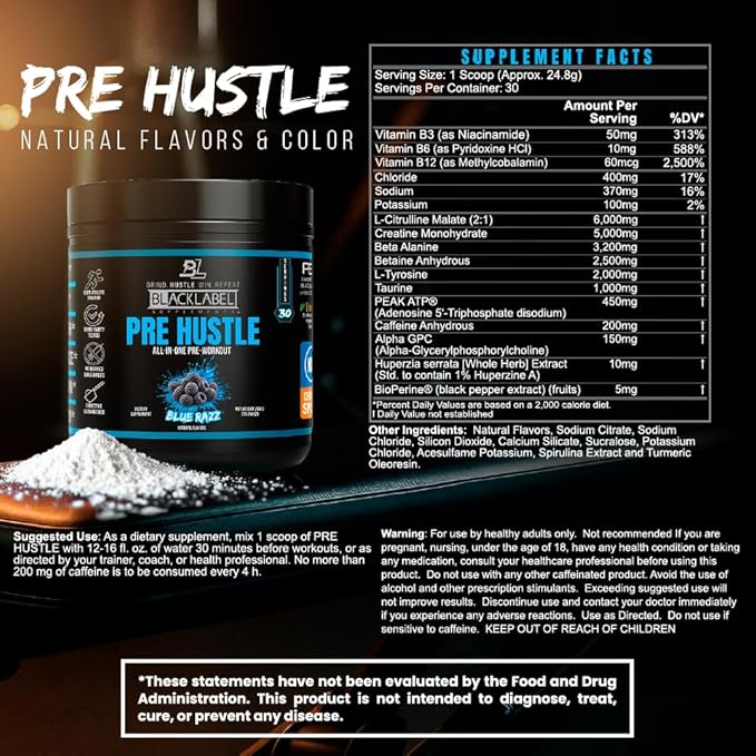 BLACKLABEL Supplements PRE Hustle V3 Pre-Workout Powder – NSF Certified for Sport – Energy, Strength & Endurance Support – Blue Razz – with Creatine & Caffeine – 30 Servings