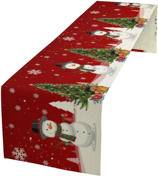 Christmas Table Runner,Snowman Rustic Red Snowflake Winter Table Cloth Kitchen Dining Table Decoration for Home Party Decor 13x90 Inch