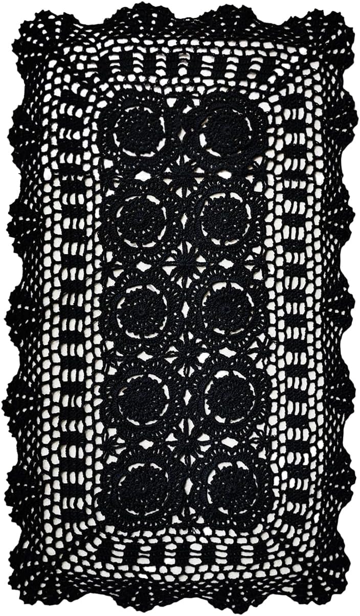 Phantomon Lace Table Runner Rectangular Table Cover Cloth Handmade Crochet Floral Placemats 100% Cotton (Floral Black, 15x28Inch)