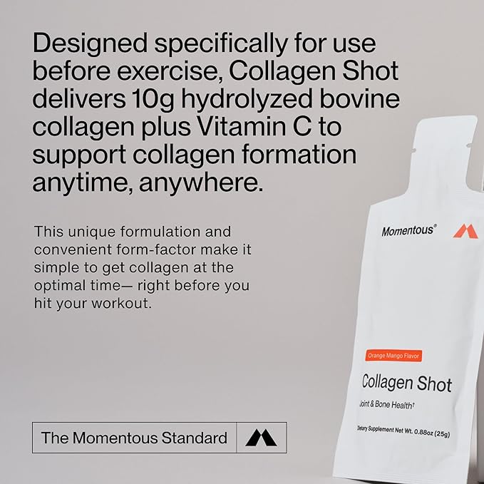 Momentous Collagen Shot Supplement - Hydrolyzed Bovine Collagen & Vitamin C to Help Support Joint, Bone, & Connective Tissue Health - NSF Certified for Sport - Mango Orange - 25g/Serving - 15 Servings
