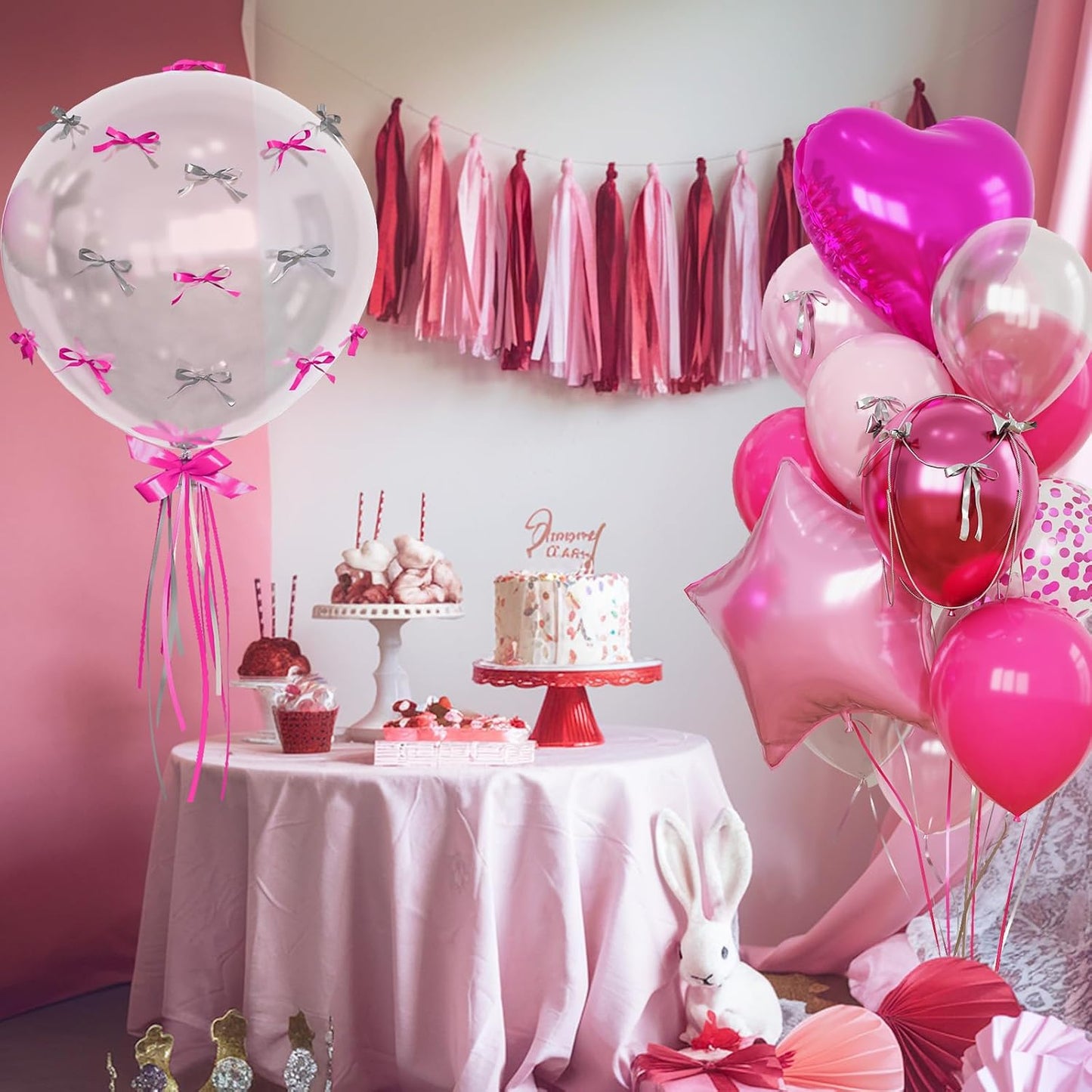 Hot Pink Balloons Pink Heart Star Balloon as Pink Birthday Decorations, Metallic Magenta Light Baby Pink Balloons 18 inch Clear Confetti Heart Star Mylar Shape Foil Balloon as Princess Kid Party Decor