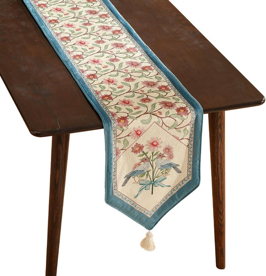 patdrea Designer French Elegant Wild Flowers Velvet Table Runner 87 Inch Long, Beige Pink Floral Pattern Table Mat, Decoration for Kitchen Dining Coffee Table Cabinet Banquet Thanksgiving,12"*87"