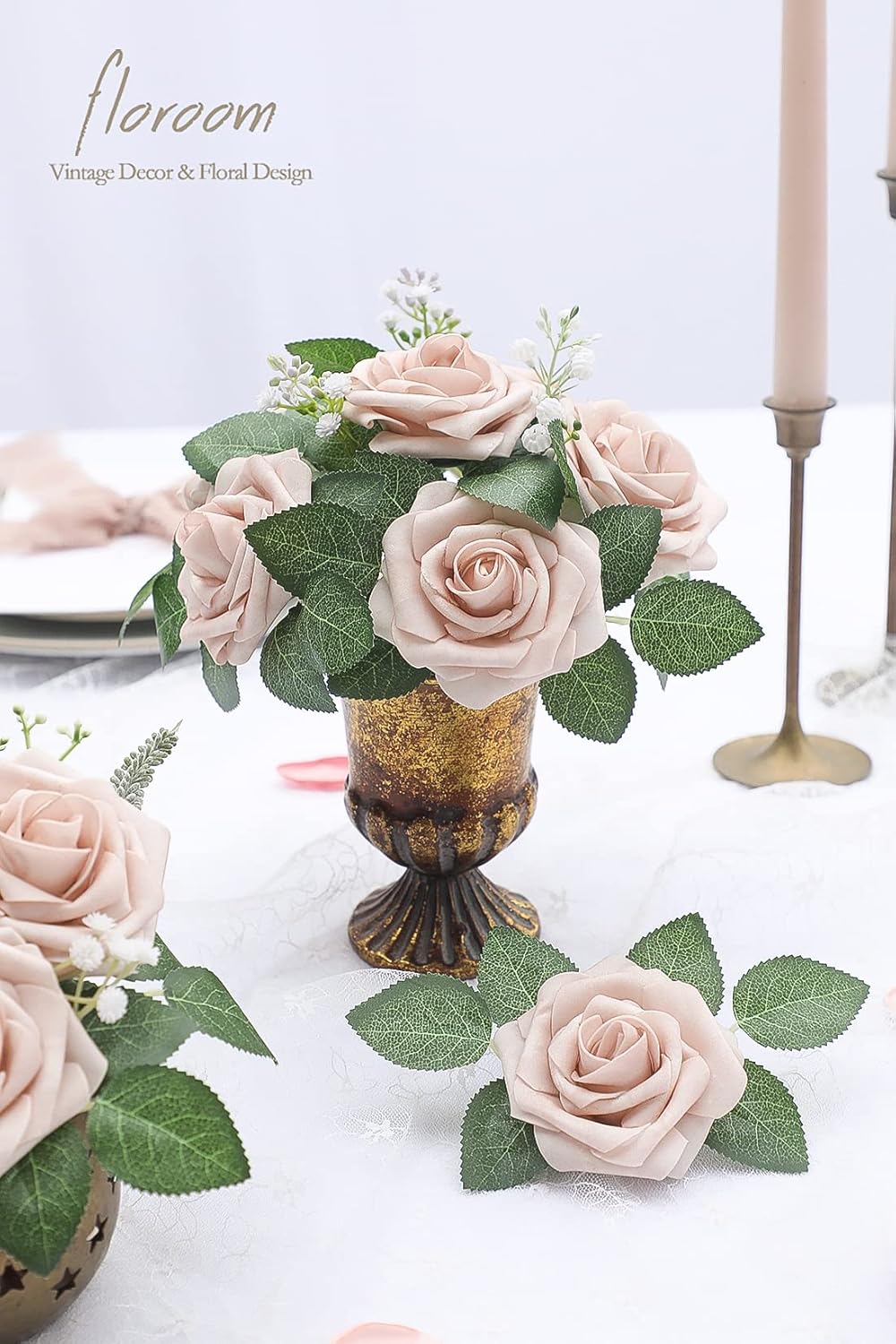 Floroom Artificial Flowers 25pcs Real Looking Nude Foam Fake Roses with Stems for DIY Wedding Bouquets Bridal Shower Centerpieces Floral Arrangements Party Tables Home Decorations