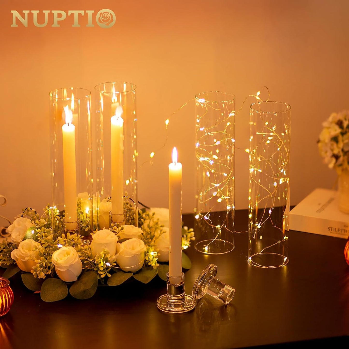 NUPTIO Hurricane Glass Candle Holders: Set of 2 Candlestick Holder with Cylinder Covers 11.8 inch Tall Windproof Clear Taper Candle Stand for Fall Thanksgiving Christmas Decor