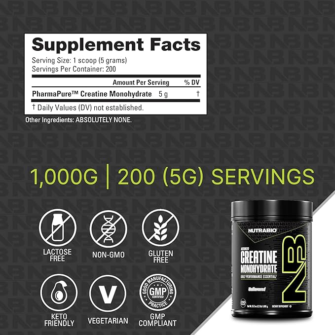 NutraBio Pure Micronized Creatine Monohydrate Powder Supplement, Unflavored, (1000 g) - Supports Bulk Muscle Energy, Recovery, and Strength - HPLC Tested Creatine Powder Supplement for Men and Women