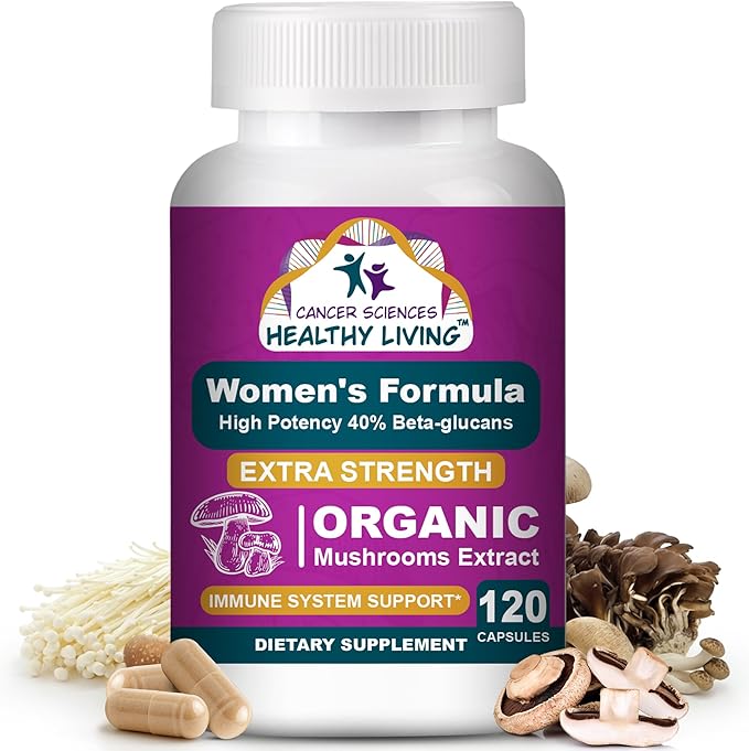CANCER SCIENCES Women's Wellness Supplement, USDA Certified Organic Mushrooms Extract, Extra Strength 1,500 mg, High Potency 40% Beta-Glucans, Immune & Hormonal Support, Digestive Health, 120 Capsules