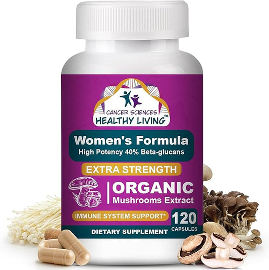 CANCER SCIENCES Women's Wellness Supplement, USDA Certified Organic Mushrooms Extract, Extra Strength 1,500 mg, High Potency 40% Beta-Glucans, Immune & Hormonal Support, Digestive Health, 120 Capsules