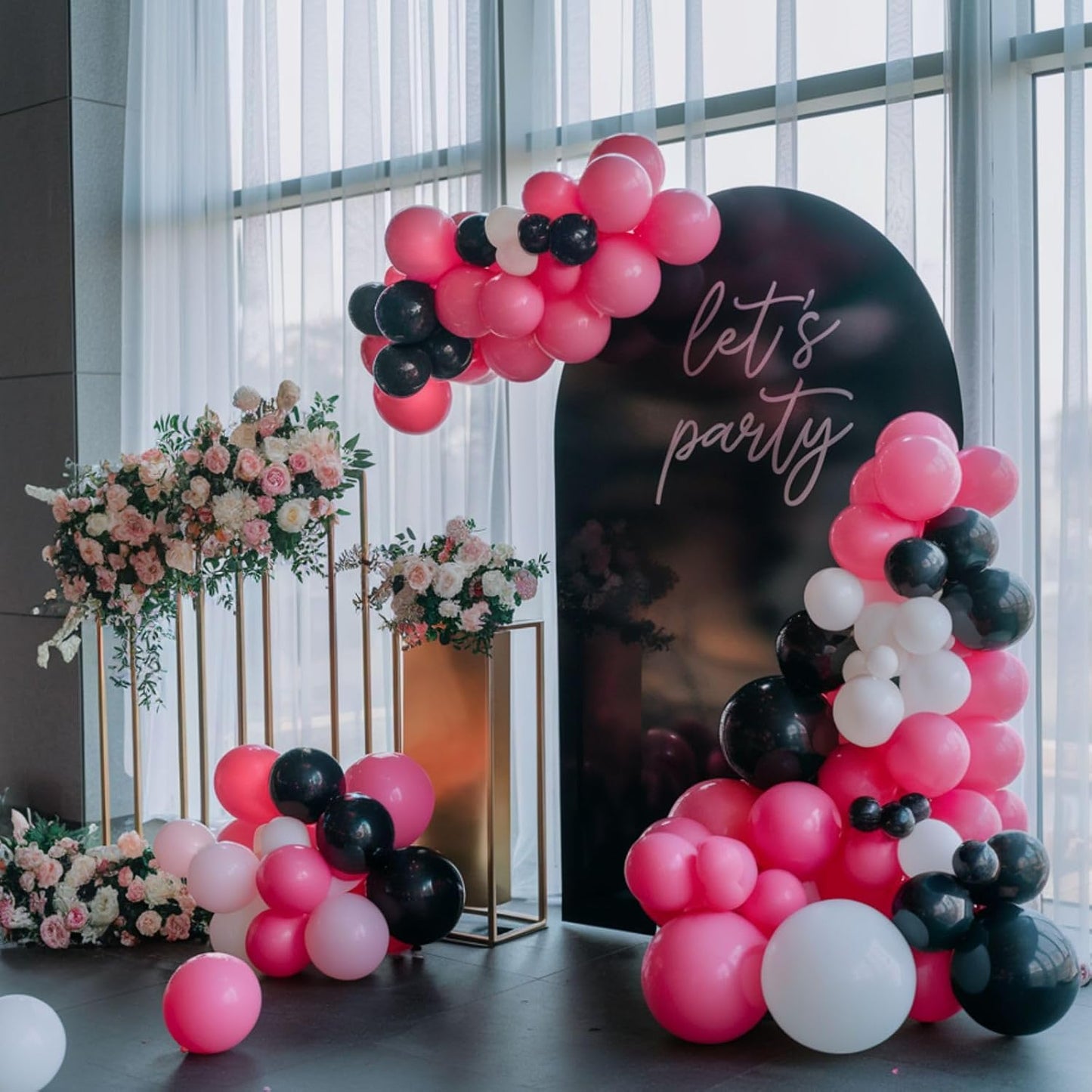 Pink and Black Balloons, 12 Inch Pink Black Balloons, Hot Pink White Pastel Confetti Latex Balloon for Girls Birthday Baby Shower Wedding Bridal Shower Party Decorations