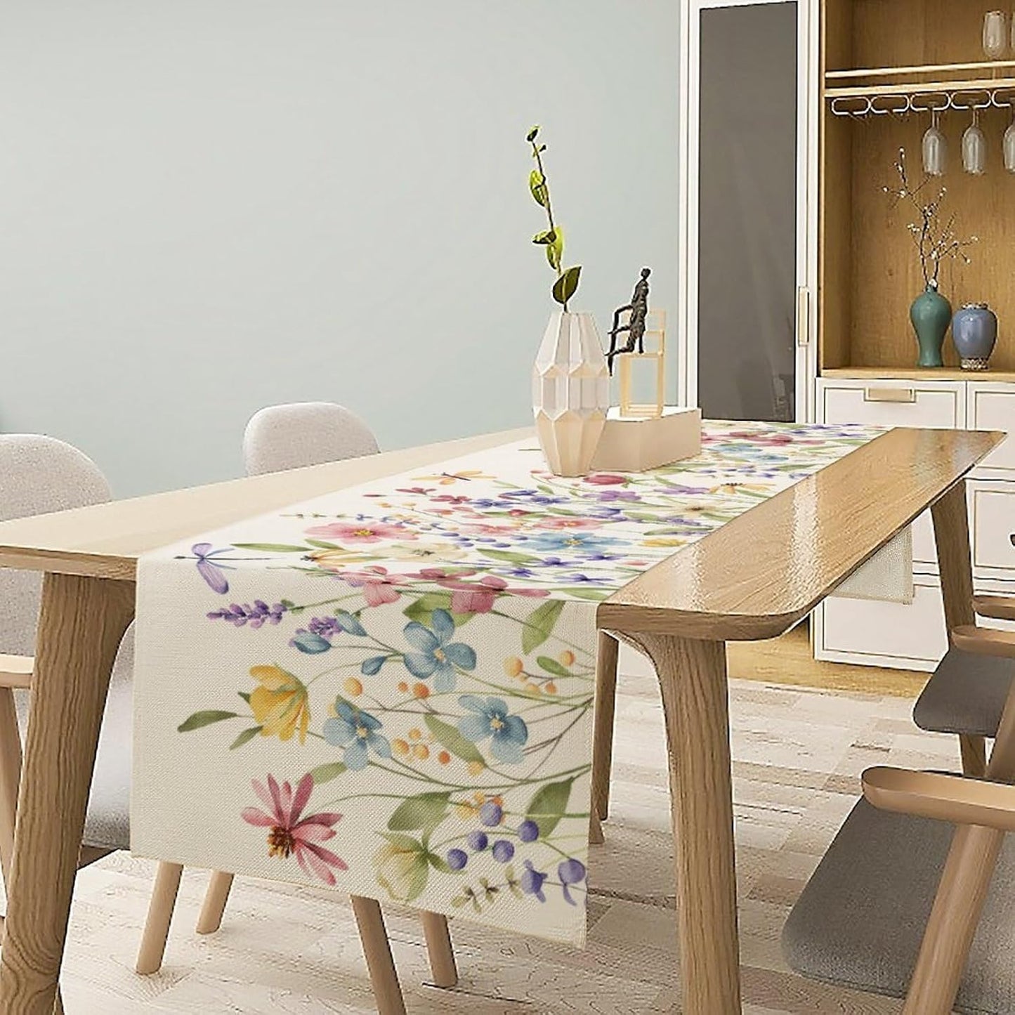 Watercolor Floral Table Runner, Colorful Spring Summer Nature Flower Dragonfly Pattern Print Table Runner for Kitchen Dinning Table Runner Decor Home Wedding Party Holiday, 13x120 Inch