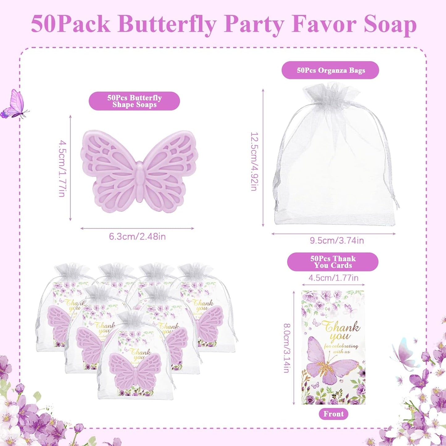 50 Sets Butterfly Baby Shower Favors for Guests Butterfly Soap Favors Handmade Scented Soap with Thank You Cards Organza Bags for Gender Reveal Baptism Decorations Wedding Bridal Gift (50, Purple)