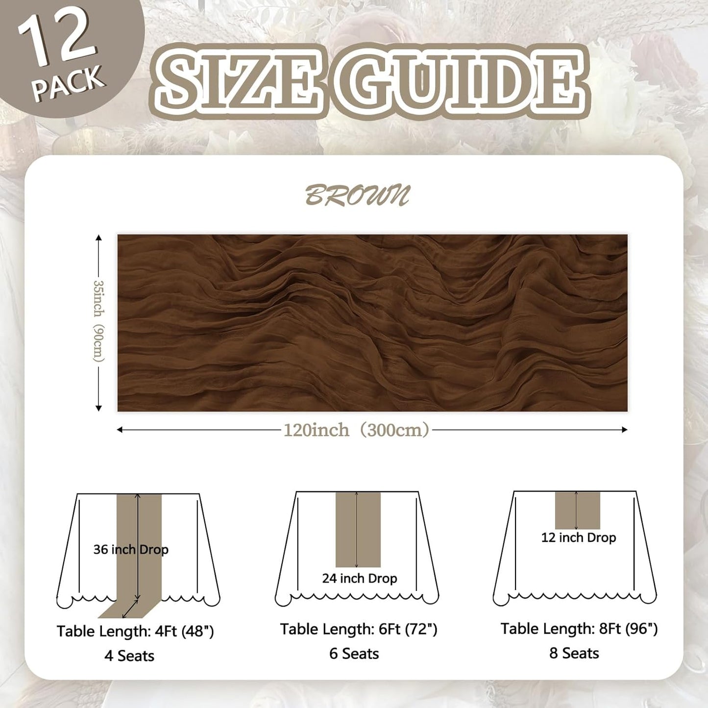 12 Pack Brown Cheesecloth Fall Table Runner 10ft Boho Gauze Fabric Cheese Cloth Table Runner 35 x 120 Inch Rustic Sheer Runner for Thanksgiving Wedding Decor Baby Shower Party Centerpiece Decoration