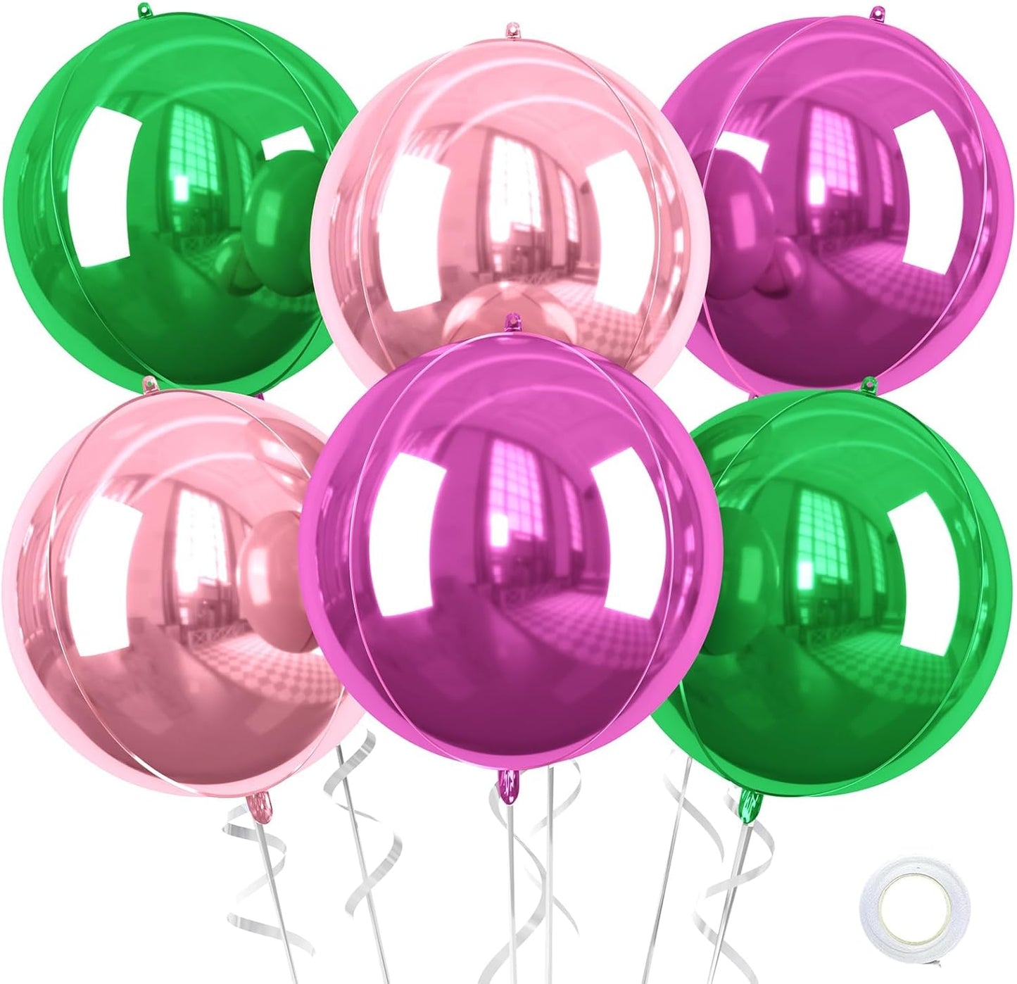 Green Pink Giant 4D Foil Balloons, 6 Pcs Large Metallic Green Pink Black Round Balloons, 22 Inch Big Round Foil Balloon for Summer Birthday Party Baby Shower Graduation Wedding Decorations