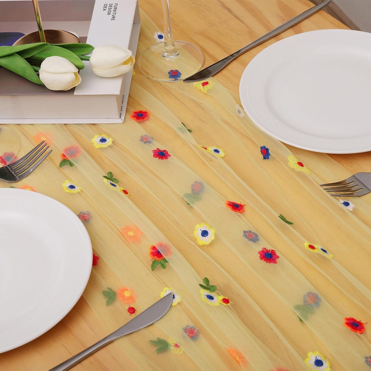 BINBE 12pcs Daisy Fall Table Runner Embroidery Gauze 10FT Florals Seasonal Tulle Holiday Birthday Kitchen Dining Table Decor for Home Party Yellow