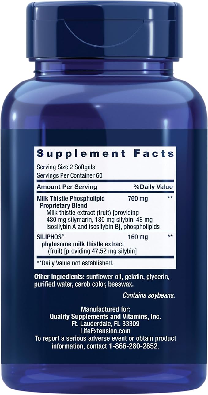 Life Extension Advanced Milk Thistle, Liver Health Supplement, Liver Detox, Cell Division, silymarin, silybin, bioavailable, Gluten Free, Non-GMO, 120 softgels