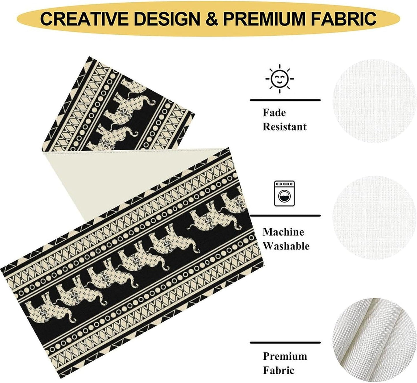 Ethnic Table Runner, Rustic Farmhouse Boho Geometric Elephant Aztec Tribal Print Black Table Center Decor for Home Kitchen Dining Patio Holiday Party Indoor Outdoor Table Decorations, 13"x108" Inch