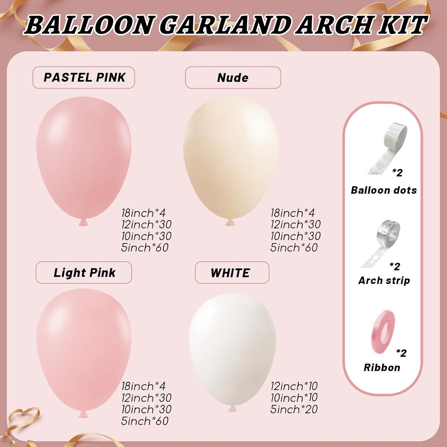412Pcs Pink Balloon Arch Garland Kit,18 12 10 5 Inch Pink White Balloon Arch Garland Kit Include Nude Balloons for Birthday Shower Princess Theme Party Wedding Decorations