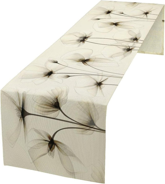 Abstract Floral Table Runner, Watercolor Transparent Beige Poppy Flowers Print Kitchen Dinning Table Runner for Indoor Outdoor Home Wedding Party Holiday, 13x108 Inch