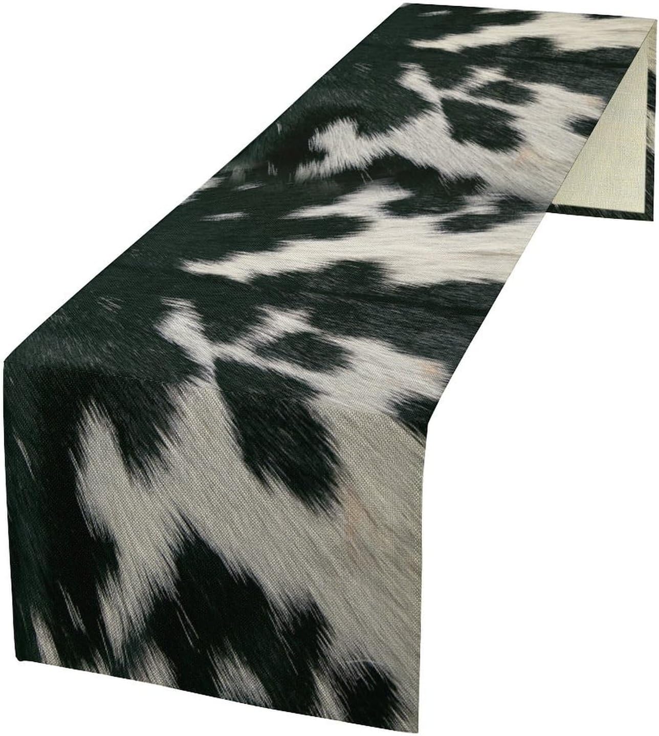 Cow Skin Print Table Runner, Rustic Country Farm Fur Skin Cowhide Pattern Western Style Black White Print Table Runner for Home Kitchen Dinning, 13x108 Inch