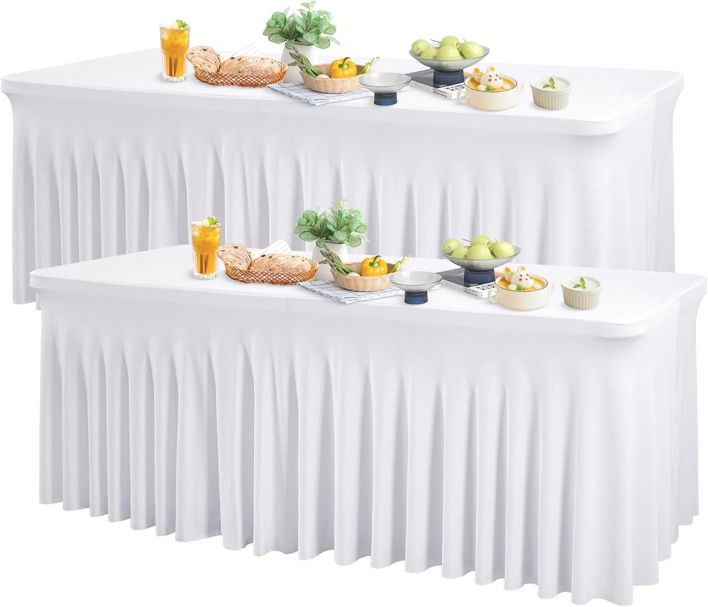 Wish Care 2 Pack White Spandex Table Clothes for 6 Foot Rectangle Tables, 6FT Wrinkle Free Fitted Tablecloths Ruffles Design Table Cover for Party, Banquet, Wedding and Events