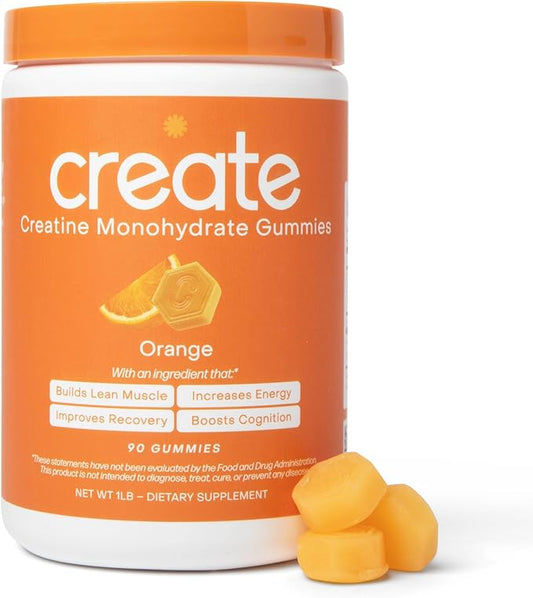 Create Creatine Monohydrate Gummies for Men & Women, Boost Focus, Strength, and Endurance, Anti-Melting Formula, Vegan, Gluten-Free, Non-GMO, 1.5g of Creatine per Gummy (Orange, 90 ct)