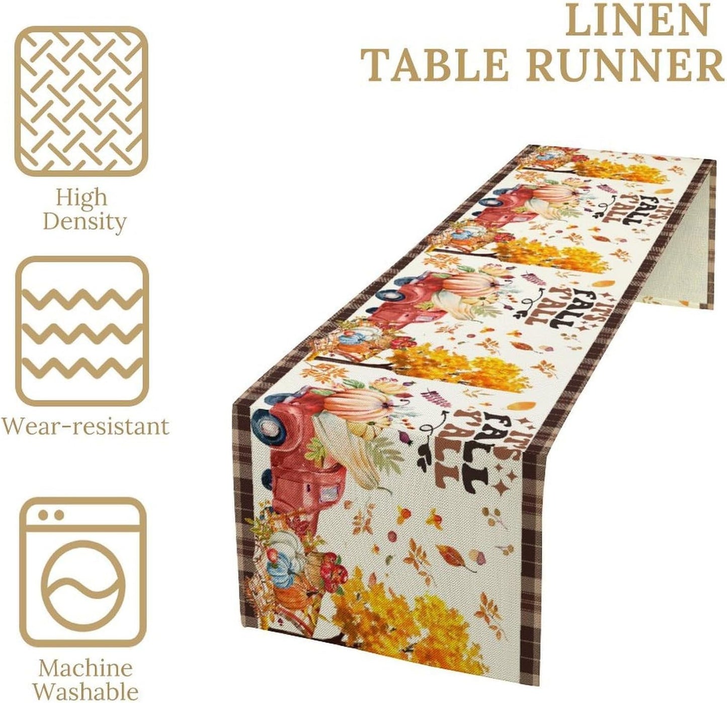 Fall Pumpkin Table Runner,Rustic Maple Yellow Leaf Trees Truncks Brown Plaid Tablecloth Burlap for Hotel Indoors Outdoor Dining Room Kitchen Home Decor,W13X L90 in