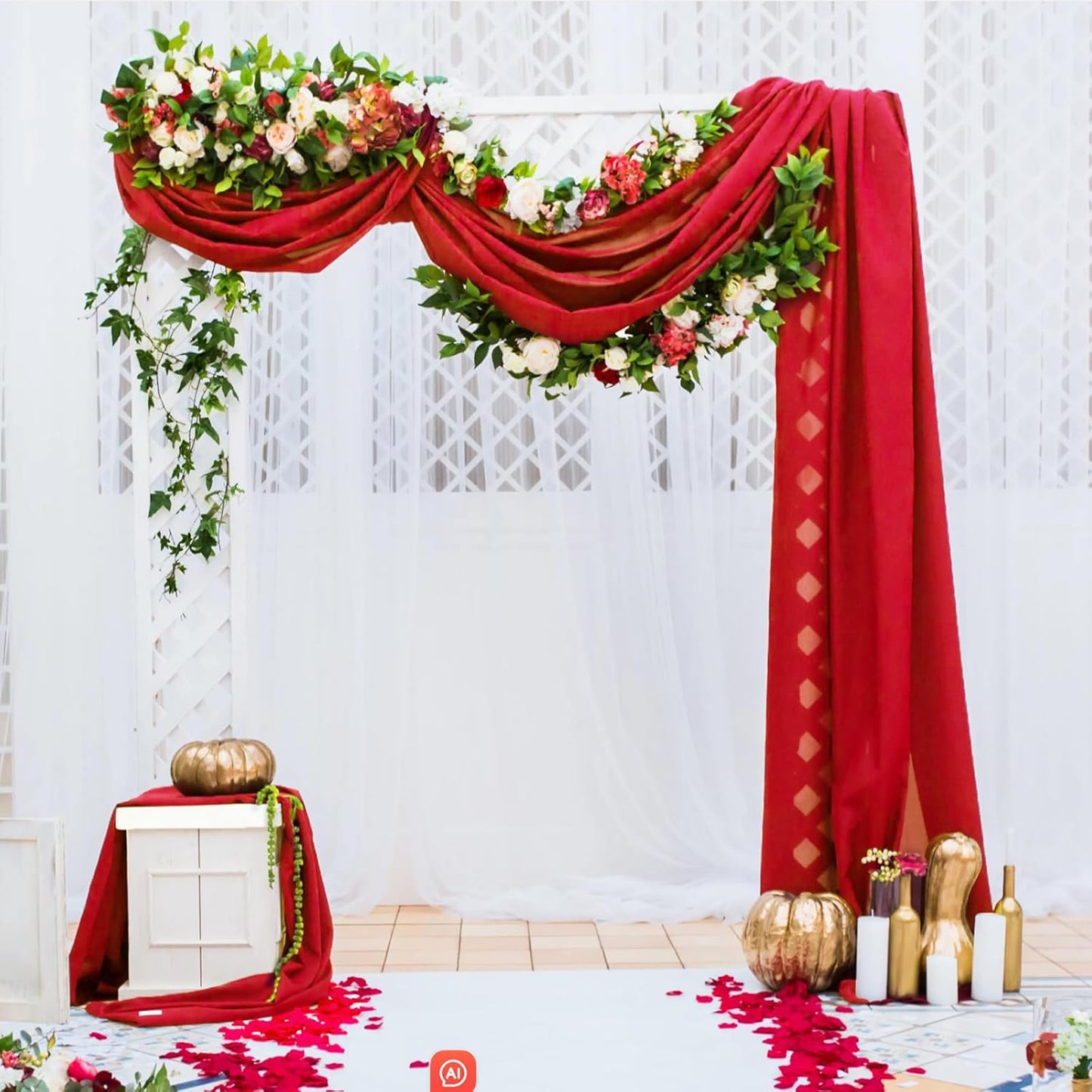 VOK Red Wedding Arch Draping Fabric Chiffon Fabric, 29in x 18Ft 2 Panels Sheer Chiffon Outdoor Curtain for Wedding Ceremony Birthday Party Decoration (Red,2 Panel)