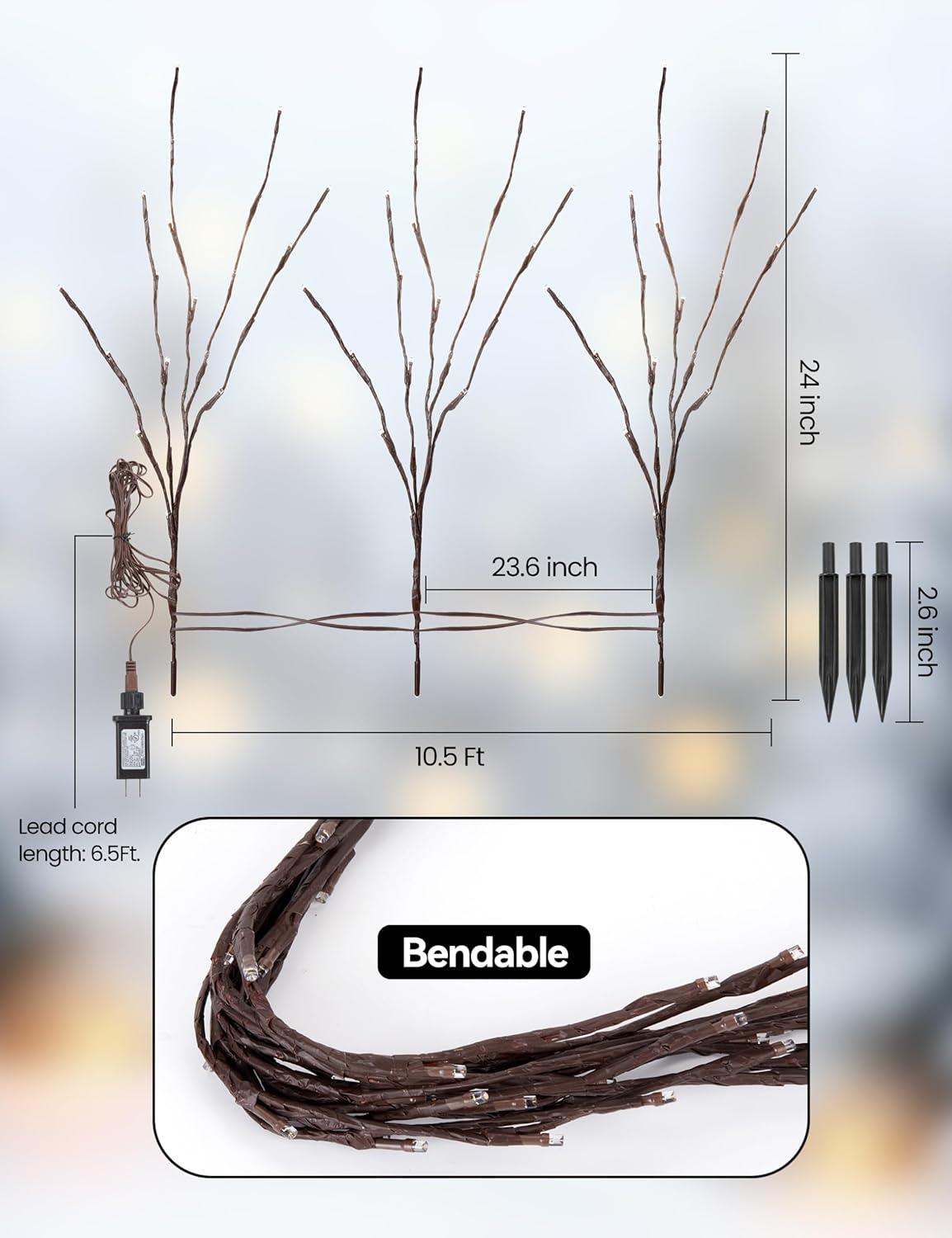 Lighted Branches for Vases Plug in - 3 Pack 24Inch 60 LED Christmas DIY Twig Pathway Lights, Artificial Tree Bendable Xmas Fairy Lights with Stakes for Outdoor Indoor Party Decoration, Warm White