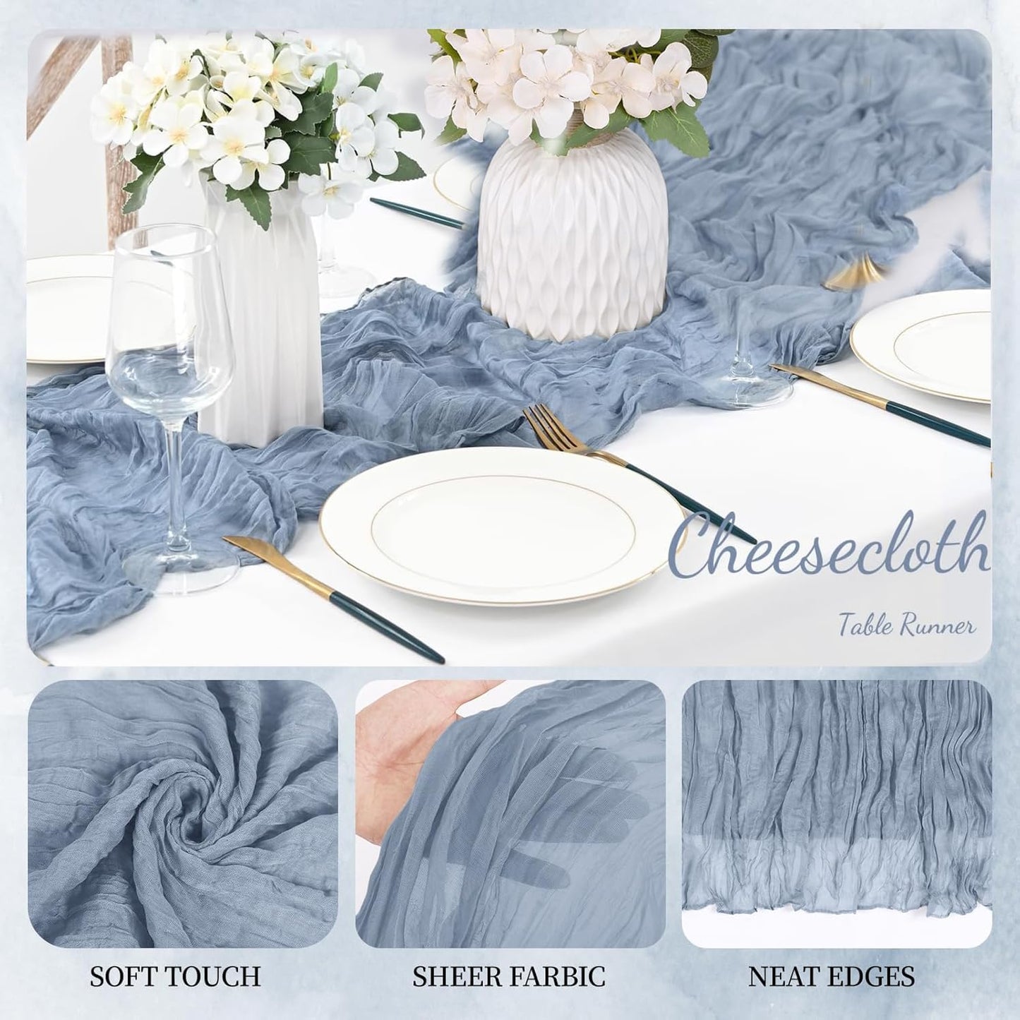 6 Pack Dusty Blue Cheesecloth Table Runner 23x120 inch Rustic Boho Gauze Table Runner 10 FT Long Sheer Cheese Cloth Fabric Table Runners for Romantic Wedding Bridal Shower Birthday Party Decor