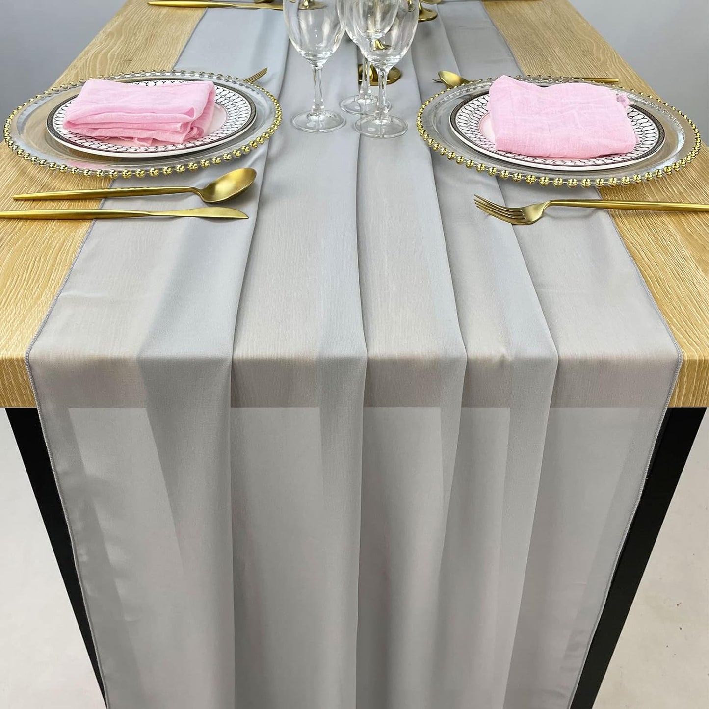 EHLDekol 13ft Light Grey Chiffon Table Runners, 29x156 Inches Romantic and Rustic Boho Wedding Runner, Sheer Bridal Party Decorations