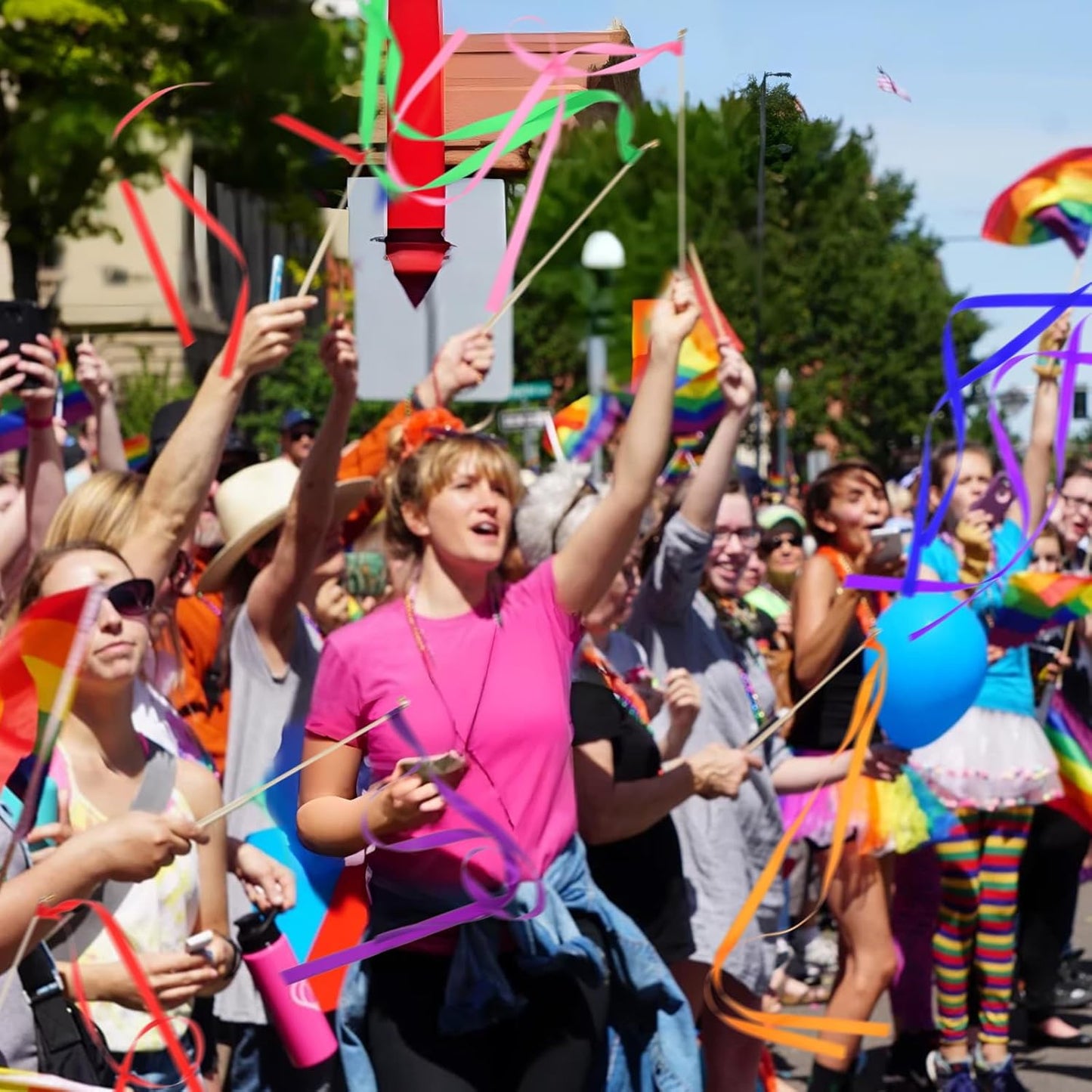 100Pcs Multi-Color Ribbon with Gold Bell, Fairy Wands Chromatic Silk Wish Wand Streamers Sticks for Wedding Send Off, Bridal Shower Party Photo Props, Birthday, Pride Parade Decorations