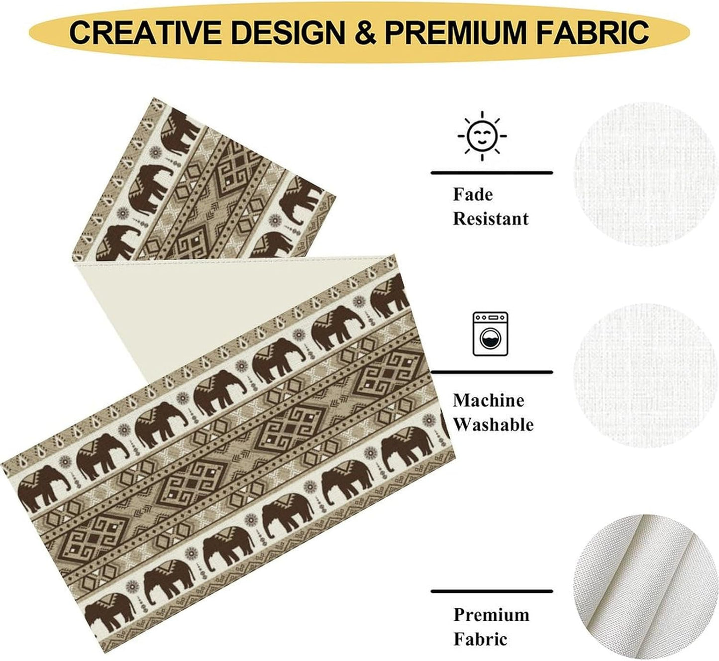 Ethnic Table Runner, Rustic Farmhouse Boho Indian Bohemian Elephant Aztec Tribal Print Beige Table Center Decor for Home Kitchen Dining Patio Holiday Party Indoor Table Decorations, 13"x108" Inch